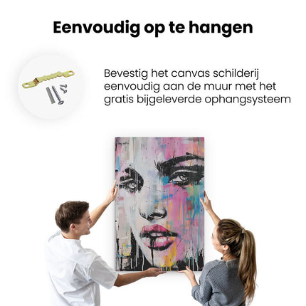 Canvas schilderij ophangen Kunstwerk van een Vrouw met Kleurrijke Verf op haar Gezicht