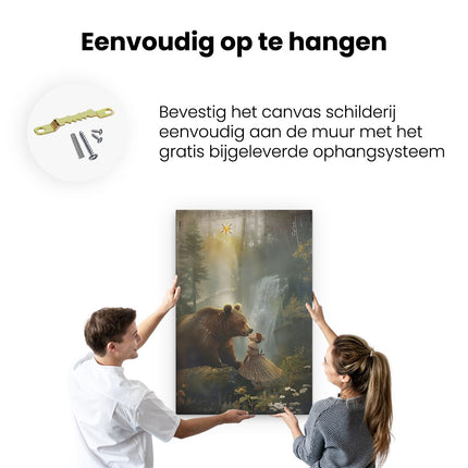 Canvas schilderij ophangen Meisje en een Beer in een Bos