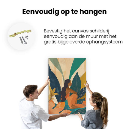 Canvas schilderij ophangen Illustratie van een Vrouw die in Tropische Bladeren Zit