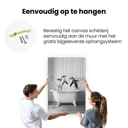 Canvas schilderij ophangen Twee Pinguïns die in een Badkuip Springen