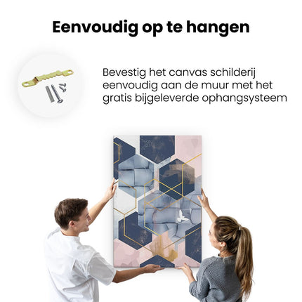 Canvas schilderij ophangen Blauw en Goud Geometrisch Patroon met een Vogel Erop