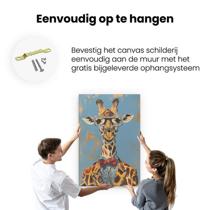 Canvas schilderij ophangen Giraffe met Bril en Vlinderdas