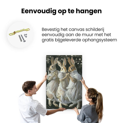 Canvas schilderij ophangen Drie Konijnen in Witte Jurken