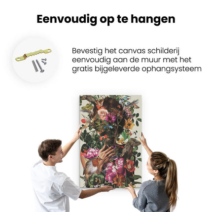 Canvas schilderij ophangen Vrouw is Omringd door Bloemen en Vogels