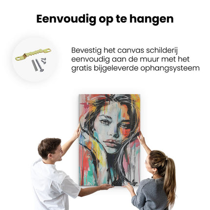 Canvas schilderij ophangen Kunstwerk van een Vrouw met Kleurrijke Spetters op haar Gezicht