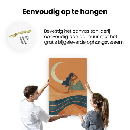Canvas schilderij ophangen Vrouw zit op het Zand met een Halve Maan op de Achtergrond