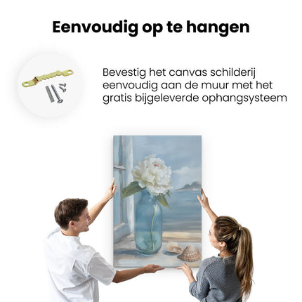 Canvas schilderij ophangen Blauwe Vaas met een Pioenroos en Schelpen op een Vensterbank