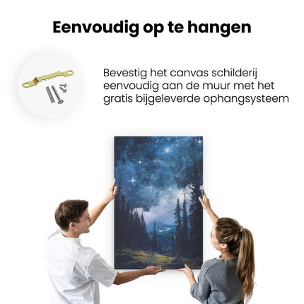 Canvas schilderij ophangen Nachtelijke Hemel met Sterren en Bomen