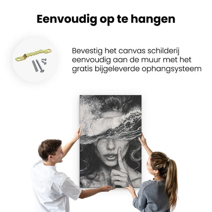 Canvas schilderij ophangen Vrouw in het Water met haar Vinger op haar Lippen
