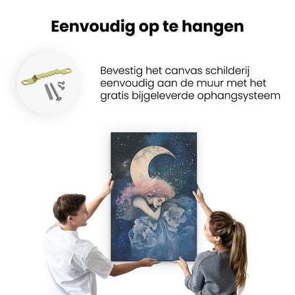 Canvas schilderij ophangen Meisje met Roze haar Slaapt op de Maan