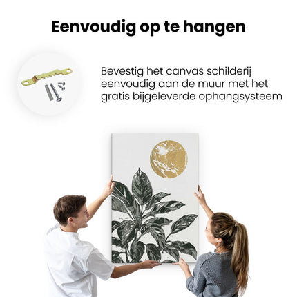 Canvas schilderij ophangen Illustratie van een Plant met een Gouden Maan op de Achtergrond