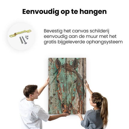 Canvas schilderij ophangen Paardenhoofd is Geschilderd op een Houten Muur