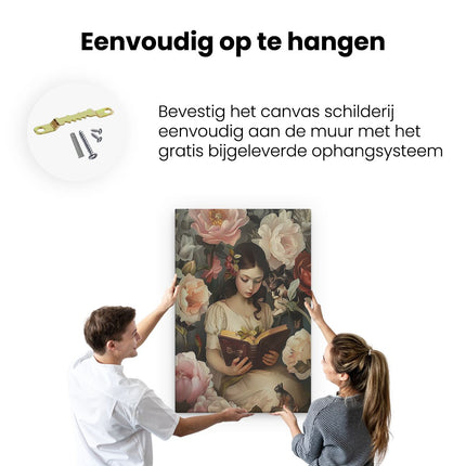 Canvas schilderij ophangen Meisje dat een Boek Leest, Omringd door Bloemen