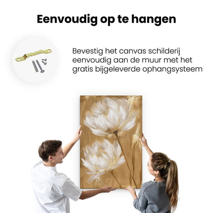 Canvas schilderij ophangen Witte Bloemen op een Gouden Achtergrond
