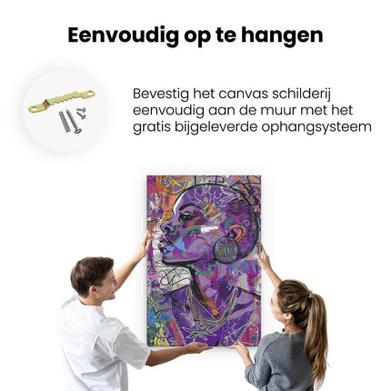 Canvas schilderij ophangen Vrouwengezicht in Paars met een Kleurrijke Achtergrond