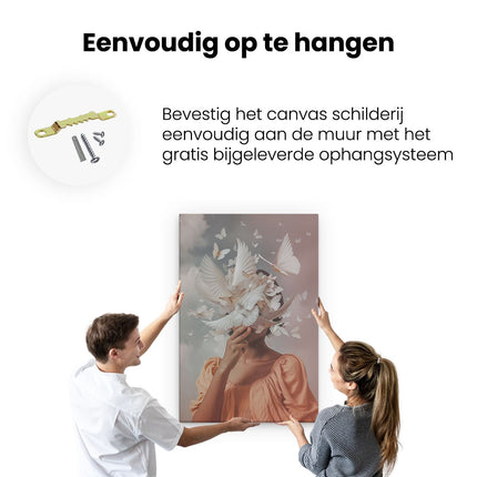 Canvas schilderij ophangen Vrouw met Witte Duiven op haar Hoofd