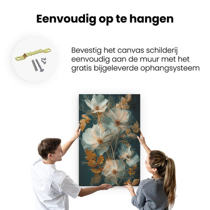 Canvas schilderij ophangen Witte Bloemen op een Donkere Achtergrond