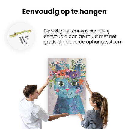Canvas schilderij ophangen Blauwe Kat met Bloemen op zijn Kop