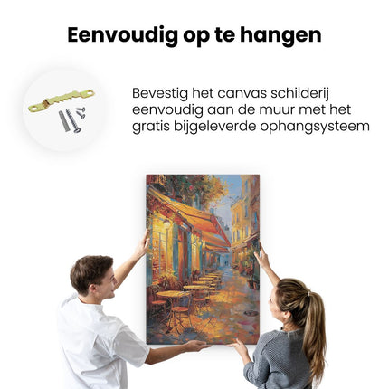 Canvas schilderij ophangen Kunstwerk van een Straattafereel met Tafels en Stoelen