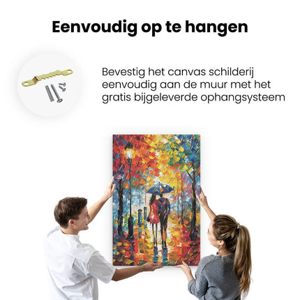 Canvas schilderij ophangen Paar dat in de Regen loopt met een Paraplu