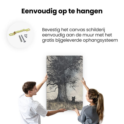 Canvas schilderij ophangen Zwarte Kat onder een Boom