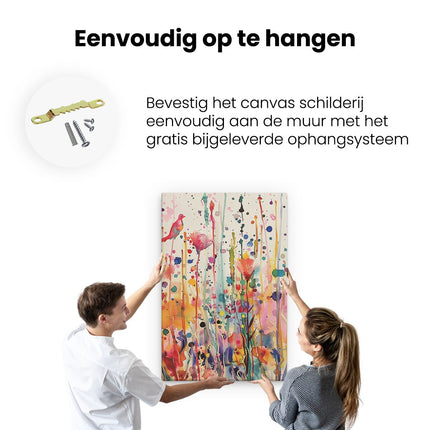 Canvas schilderij ophangen Kleurrijk Kunstwerk met Vogels en Bloemen