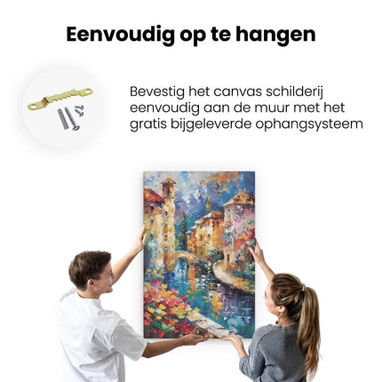 Canvas schilderij ophangen Kunstwerk van een Gracht met Huizen en Bloemen