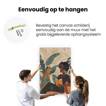 Canvas schilderij ophangen Vrouw die een Boek Leest met een Cheetah