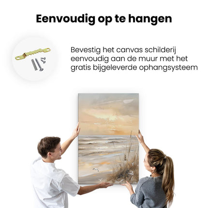 Canvas schilderij ophangen Kunstwerk van een Strandtafereel met Meeuwen en Riet