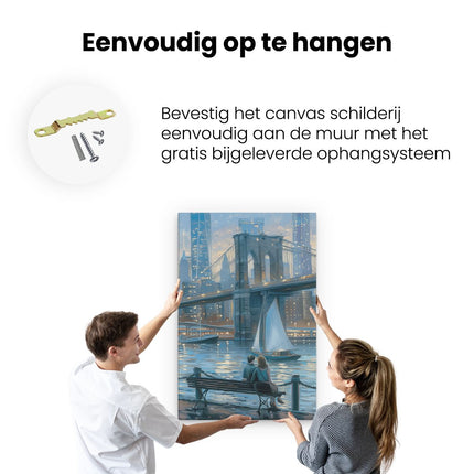 Canvas schilderij ophangen Paar Zittend op een Bankje met Uitzicht op de Brooklyn Bridge