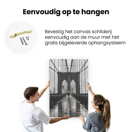 Canvas schilderij ophangen Persoon die op de Brooklyn Bridge loopt in de Regen
