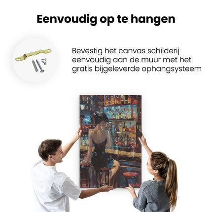 Canvas schilderij ophangen Vrouw zit aan een Bar
