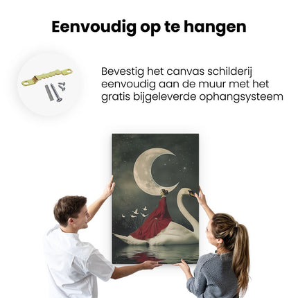 Canvas schilderij ophangen Vrouw in een Rode Jurk die op een Zwaan Rijdt