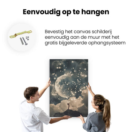 Canvas schilderij ophangen Meisje Kijkt Omhoog naar de Maan en de Sterren