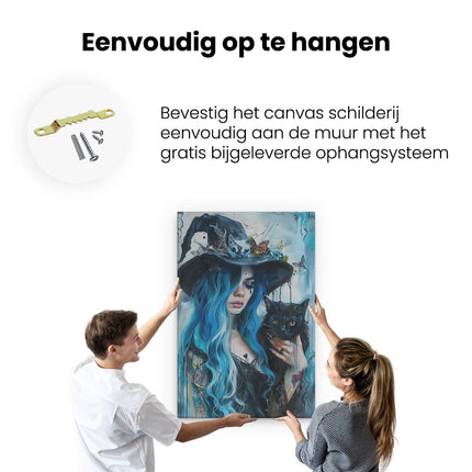 Canvas schilderij ophangen Vrouw met Blauw haar die een Zwarte Kat Vasthoudt
