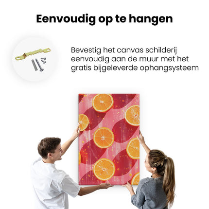 Canvas schilderij ophangen Bosje Sinaasappelschijfjes op een Rood Oppervlak