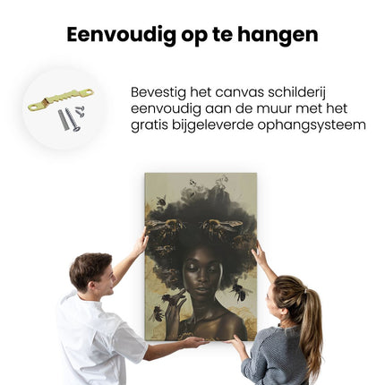 Canvas schilderij ophangen Vrouw met een Afro Omringd door Bijen