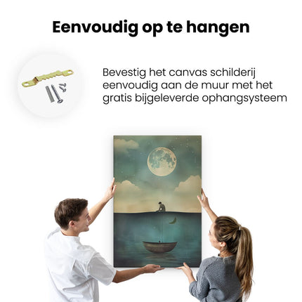 Canvas schilderij ophangen Man zit op een Boot met een Vis in het Water