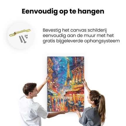 Canvas schilderij ophangen Kunstwerk van Parijs bij Nacht met de Eiffeltoren op de Achtergrond