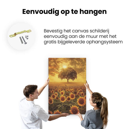 Canvas schilderij ophangen Veld met Zonnebloemen met een Boom op de Achtergrond