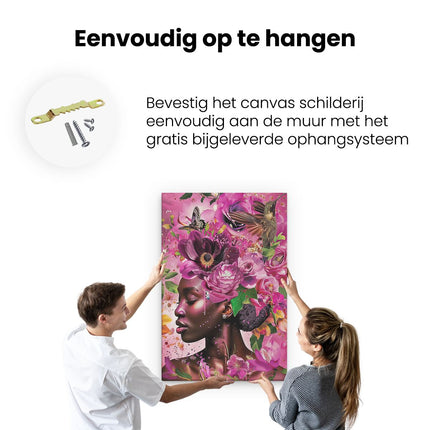 Canvas schilderij ophangen Zwarte Vrouw met Bloemen op haar Hoofd