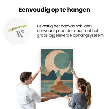 Canvas schilderij ophangen De Zeemeermin zit op een Rots voor de Maan