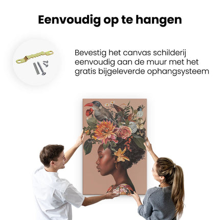 Canvas schilderij ophangen Vrouw met een Vogel op haar Hoofd