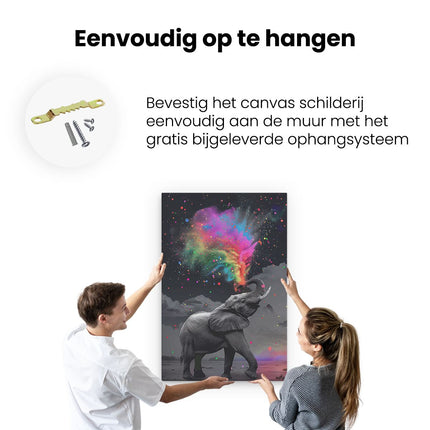 Canvas schilderij ophangen Olifant Blaast Kleurrijke Confetti