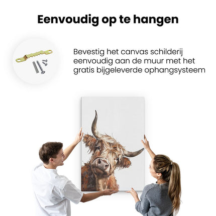 Canvas schilderij ophangen Kunstwerk van een Koe met Hoorns