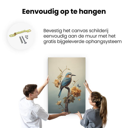 Canvas schilderij ophangen Vogel Zat op een Tak met Bloemen