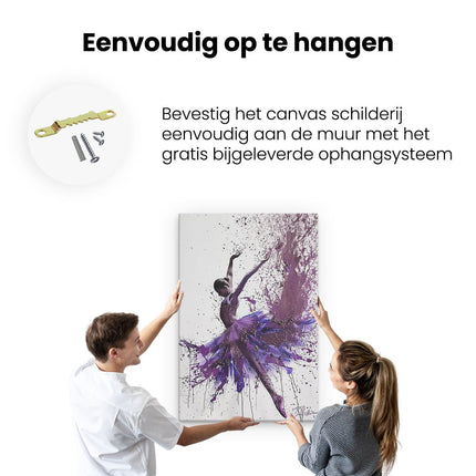 Canvas schilderij ophangen Ballerina Springt in Paarse Verfspatten