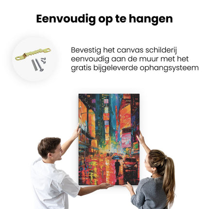 Canvas schilderij ophangen Kunstwerk van Mensen die in de Regen Lopen op Times Square