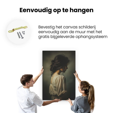 Canvas schilderij ophangen Vrouw in een Witte Jurk met Donker Haar
