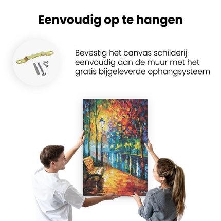 Canvas schilderij ophangen Kunstwerk van een Bankje in de Regen